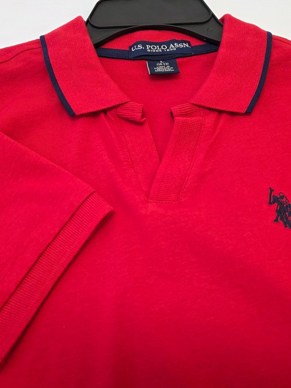 U.S. Polo Assn. Kid's Red Polo Short Sleeve, Navy Blue Trim Shirt 10-12 (L)